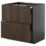 Dark brown wooden drawers, black framed, part of ikeas METOD kitchen system. Square shape with modern design.