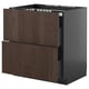 Dark brown wooden drawers, black framed, part of ikeas METOD kitchen system. Square shape with modern design.