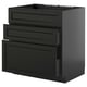 Black METOD kitchen cabinet with three lerhyttan drawers, modern and traditional design.