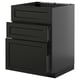 Black kitchen cabinet with multiple drawers and a sleek, modern design.