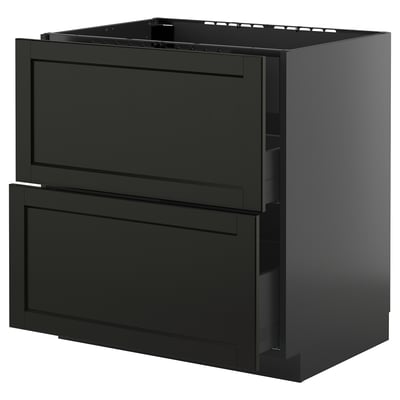 METOD kitchen unit in dark grey. Square, with two large drawers featuring beveled edges and tempered glass tops.