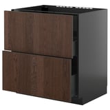 Ikea METOD kitchen unit with dark brown sinarp drawers and black frame.
