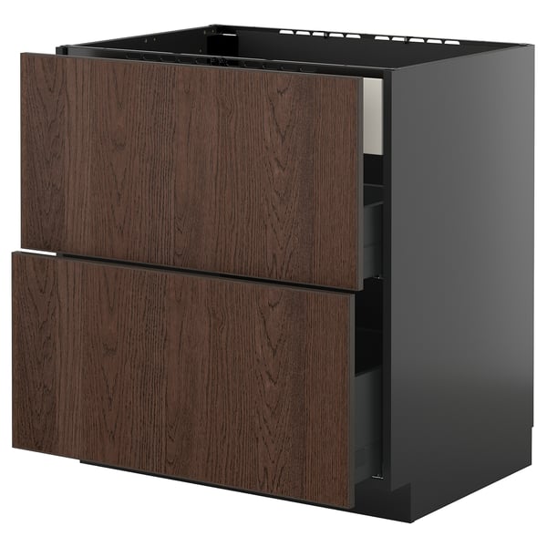 METOD / KNIVSHULT Base cab f hob/int extractor w drw, black-grey/Sinarp brown, 80x60 cm