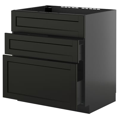 Modern black kitchen cabinet with three drawers, sleek design.