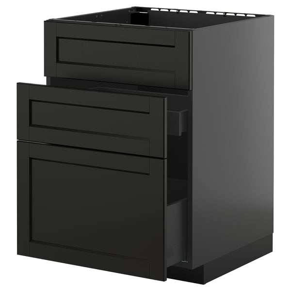 Modern black kitchen cabinet with two drawer units and a top shelf.