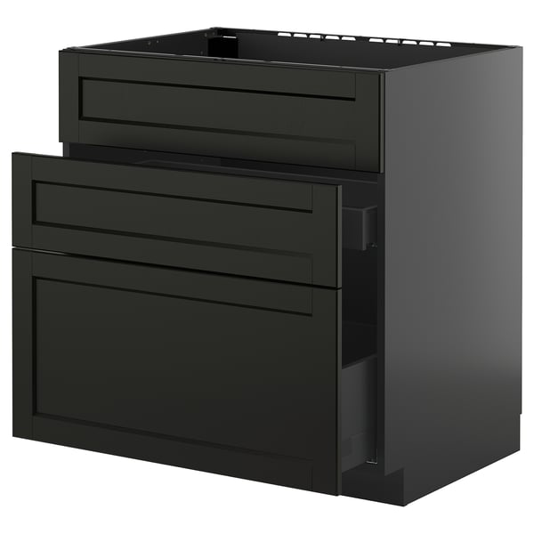 Black METOD kitchen cabinet with dark-stained lerhyttan fronts, featuring smooth-running drawers.