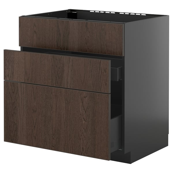 A dark brown wooden kitchen cabinet with a sleek, modern design. It multiple drawers and a metallic base.