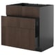 A dark brown wooden kitchen cabinet with a sleek, modern design. It multiple drawers and a metallic base.