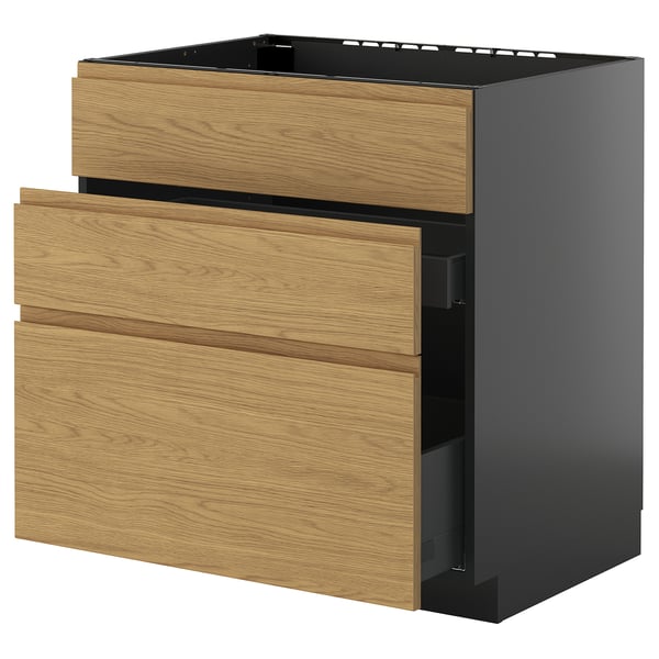 Modern kitchen cabinet with 3 oak drawers, black frame, METOD system.