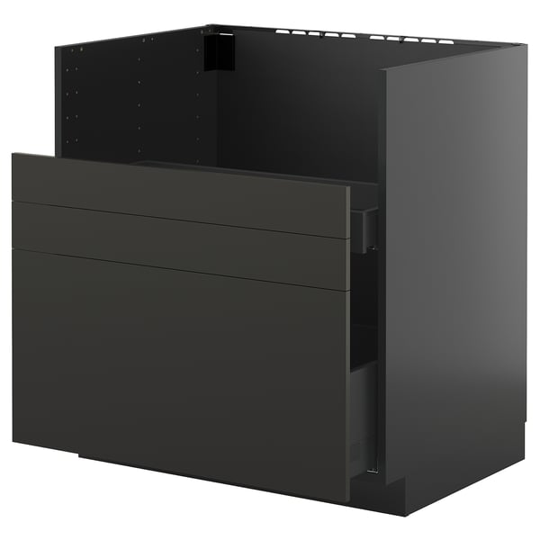 Ikea METOD black kitchen cabinet with drawers and open top shelf.