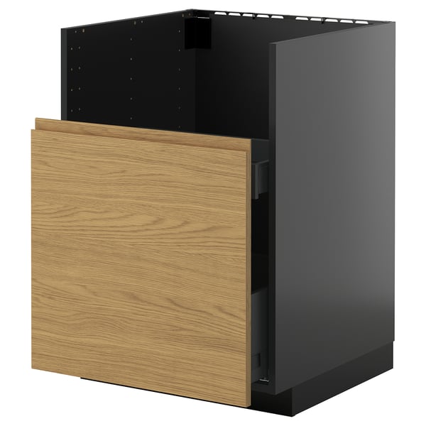 A black METOD kitchen cabinet with oak front door and minimalist design.