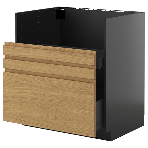 Modern METOD kitchen cabinet, black and oak, three drawers, sleek handles, square shape.