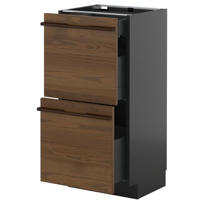 Modern kitchen unit, dark brown, wood grain, with two drawers, sleek design.