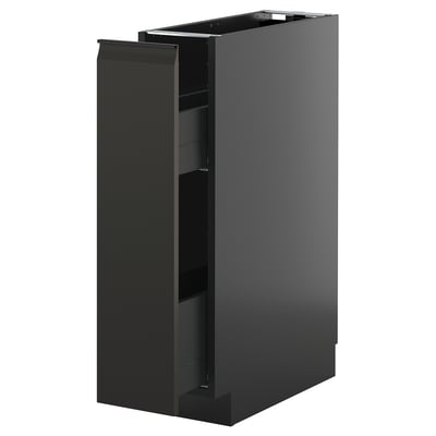 Black modern kitchen cabinet with open drawer, sleek matte finish.