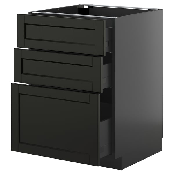 Black stained wooden kitchen cabinet with three drawers.