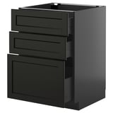 Black stained wooden kitchen cabinet with three drawers.
