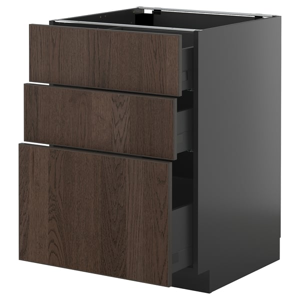 Modern dark wooden drawer unit from ikeas METOD kitchen system, featuring three drawers and a sleek finish.