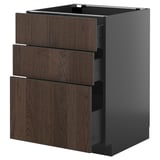 Modern dark wooden drawer unit from ikeas METOD kitchen system, featuring three drawers and a sleek finish.