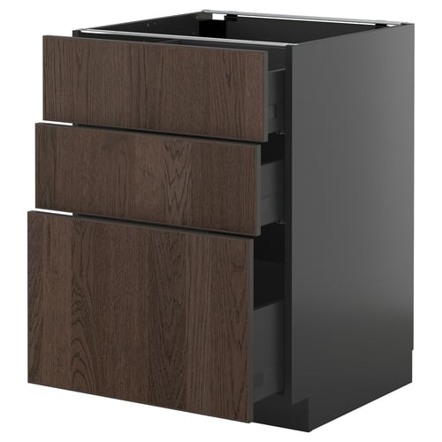 Modern dark wooden drawer unit from IKEAs METOD kitchen system, featuring three drawers and a sleek finish.