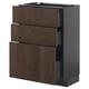 Modern METOD kitchen unit with dark brown oak veneer drawers and gray base, featuring three pull-out drawers and sleek design.