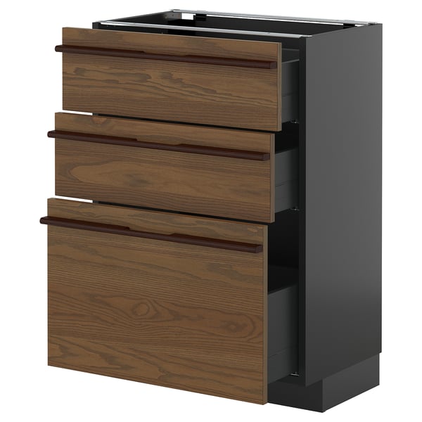 METOD kitchen cabinet with dark brown wood drawers and a grey base.