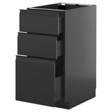 Black ikea METOD kitchen cabinet with three open drawers, sleek modern design.