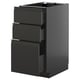 Black ikea METOD kitchen cabinet with three open drawers, sleek modern design.