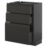 Dark gray kitchen cabinet with 3 open drawers.