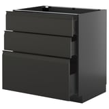 Modern black kitchen cabinet with three drawers, sleek design.