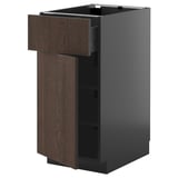 A modern kitchen cabinet with a dark brown wooden drawer and door, featuring a sleek, minimalist design.