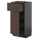 Modern kitchen cabinet: METOD with dark brown sinarp wood, one open drawer, two shelves.