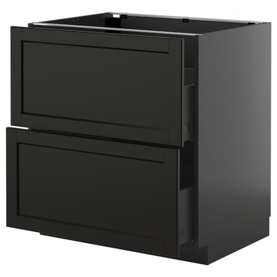 Black stained ash METOD kitchen cabinet with beveled drawers.