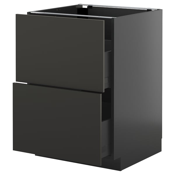 An ikea METOD kitchen cabinet in matte black with two drawers. Its a modern, sleek design with a sturdy frame and smooth-running drawers.