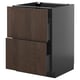 Option: A dark brown wooden METOD kitchen cabinet with two drawers and a sleek grey base. The front solid wood edging.