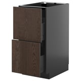 Dark brown kitchen cabinet, grey base, wooden handles.
