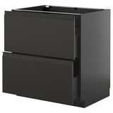 Modern black kitchen cabinet with sleek, handle-less drawers.