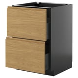 An ikea METOD kitchen cabinet with two wooden drawers in an oak finish and black sides. Its rectangular and modern in design.