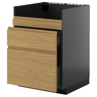 Modern kitchen cabinet with black body and oak drawers. Three drawers; minimalist design.