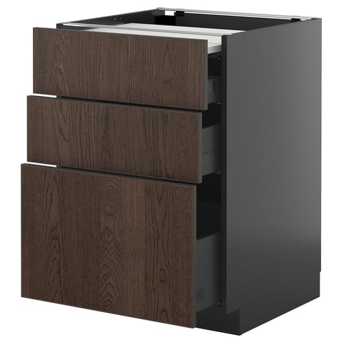 Ikea METOD kitchen unit with dark brown drawers and black base.