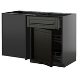 Modern black kitchen unit with pull-out shelves and drawers, sleek design.