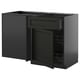 Modern black kitchen cabinet set with open drawers, dark wood finish, rectangular shape, and sleek design.