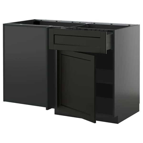METOD black kitchen unit with open drawer and shelf; sleek, traditional design.