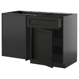 METOD black kitchen unit with open drawer and shelf; sleek, traditional design.