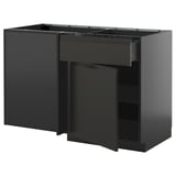 Modern black ikea METOD kitchen unit with one drawer, two shelves.