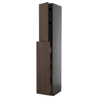 METOD kitchen cabinet in dark brown wood & gray with storage shelves.