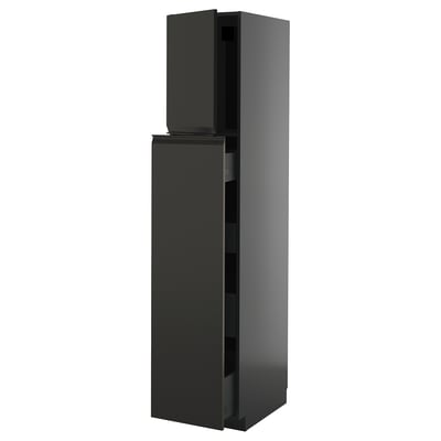 A tall black METOD kitchen cabinet with a sleek, modern design and integrated handle.