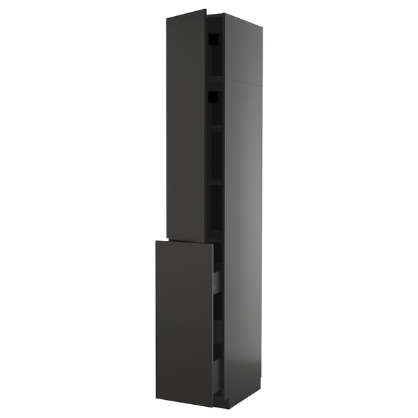 Modern black tall cabinet, slim rectangular shape, sleek design, with multiple shelves, dark finish.