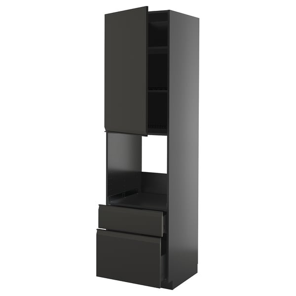 METOD kitchen unit, black, modern design, tall with drawers, sleek handles.