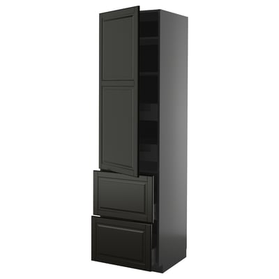 A tall black METOD kitchen unit with cabinet and drawers. Modern design, sleek finish.