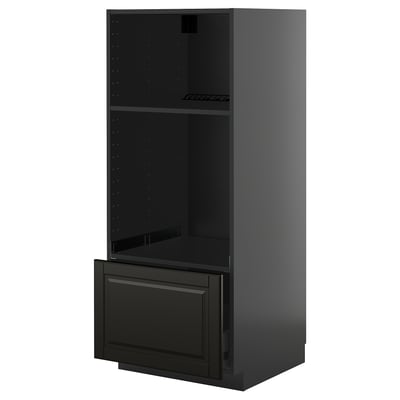 Black glossy kitchen cabinet with pull-out drawer.